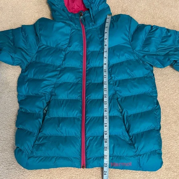 Marmot Girls Puffer Hooded Jacket With Pockets Teal/Hot Pink Size XL - Picture 12 of 13